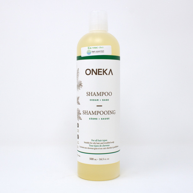 Shampooing cèdre sauge pour cheveux gras 500 mL disponible en vrac Oneka Cedar sage shampoo for oily hair 500 mL available in bulk